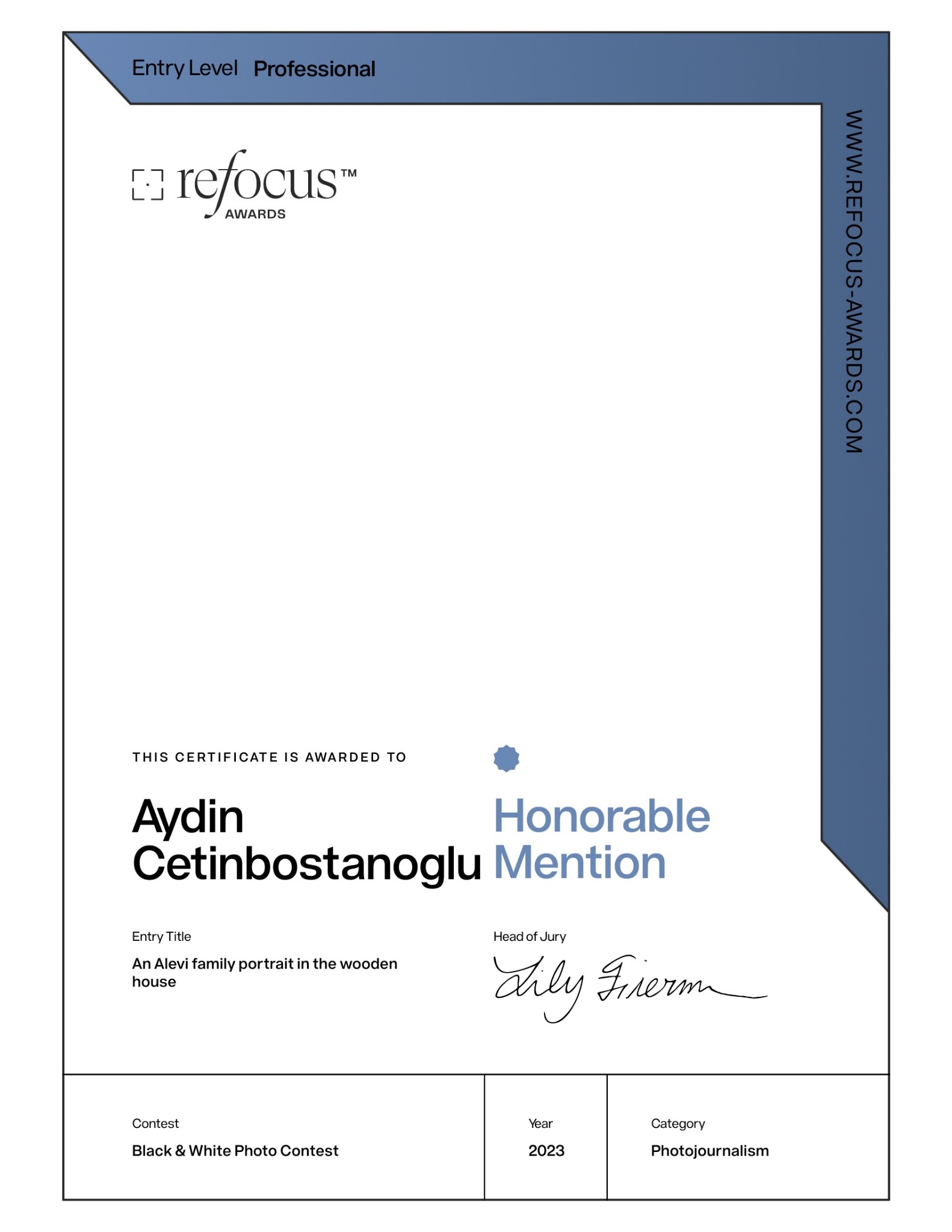 reFocus Awards Honorable Mention certificate